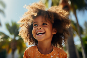 little girl of 5 years old African American woman laughs against the background of palm trees in...