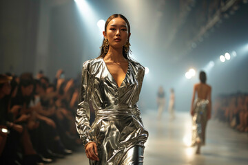 In the spotlight at high fashion week, the Asian fashion model struts the runway in stunning metallic silver clothing, embodying modern elegance and avant-garde style