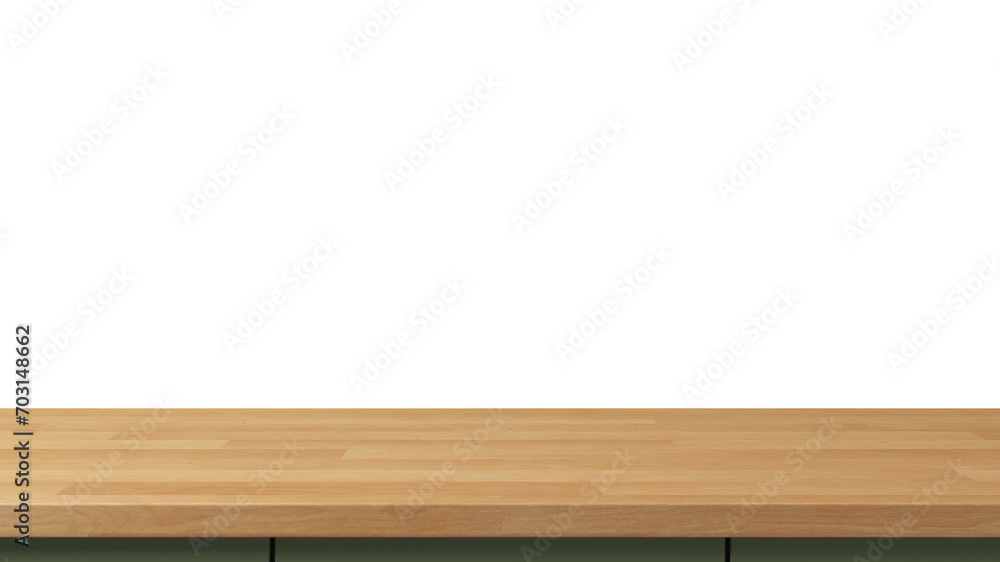 Poster empty space wooden table top surface with olive green cabinet object isolated on empty background fo