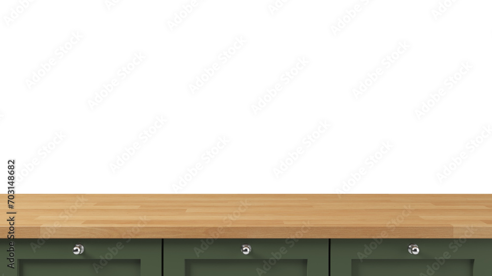 Poster empty space wooden table top surface with olive green cabinet object isolated on empty background fo
