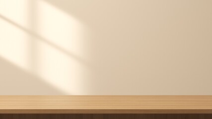 Empty space wooden table top on beige wall background with window sunlight. Mockup scene display for products presentation. 