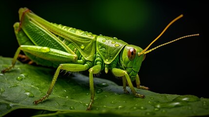 The grasshopper sits on a lush green leaf.