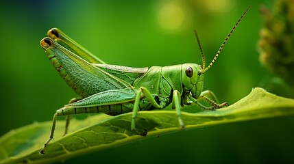 The grasshopper sits on a lush green leaf. - obrazy, fototapety, plakaty