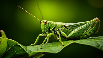 The grasshopper sits on a lush green leaf.
