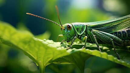 Fototapeta premium The grasshopper sits on a lush green leaf.
