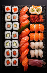 A Plate of sushi rolls and raw sashimi fish made by a chef in a restaurant