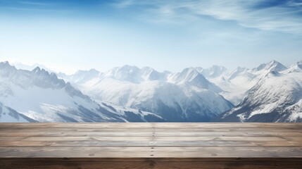 Snowy Alps in the background, set against an empty wooden table.