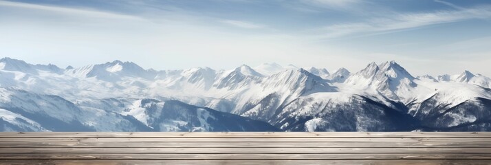 Snowy Alps in the background, set against an empty wooden table.