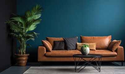 The interior design of a modern home or apartment living room with a dark blue background wall and leather couch with pillows for decor - obrazy, fototapety, plakaty