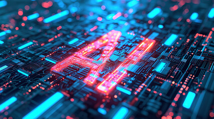 Obraz premium AI on a Circuit Board: A Digital and Futuristic Concept with Blue and Orange Lights
