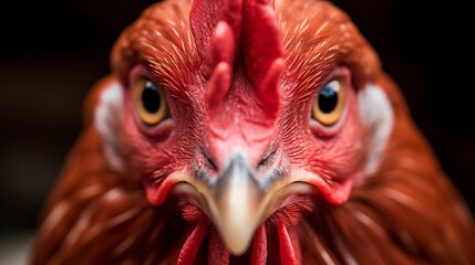 Сlose-up of a curious red chicken gazing directly into the frame.