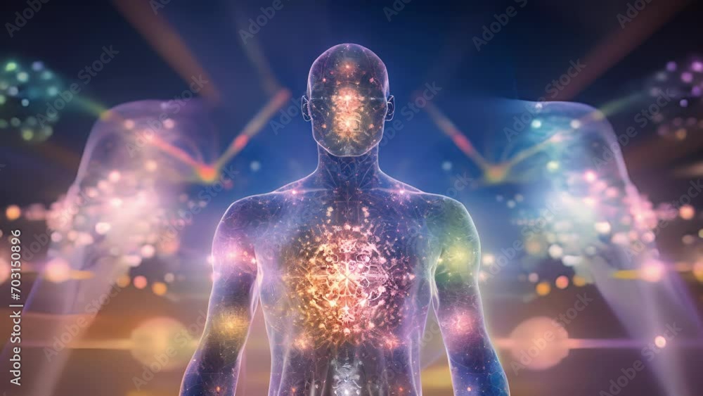 Poster a holographic projection of a human body overlaid with intricate patterns and colors, demonstrating 