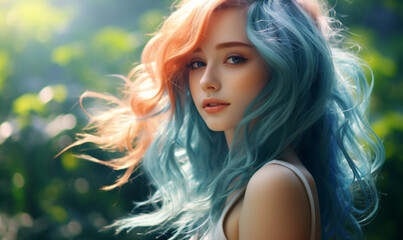 Fototapeta premium Pretty girl in love with long hair, blue eyes. Natural light in the evening at Park.