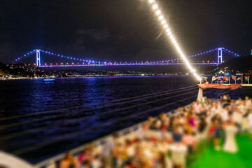 Blurred for background. Boat party dj party people enjoy of music dancing sound with colorful...