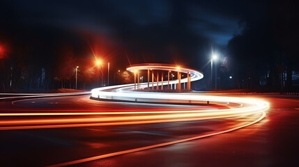 City road, random curve, Trail of Taillight Blur, Night lights from car headlights on roundabout in night city. - obrazy, fototapety, plakaty