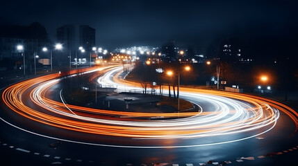 Fototapeta premium City road, random curve, Trail of Taillight Blur, Night lights from car headlights on roundabout in night city.