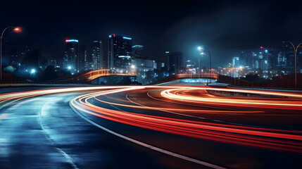 City road, random curve, Trail of Taillight Blur, Night lights from car headlights on roundabout in night city. - obrazy, fototapety, plakaty