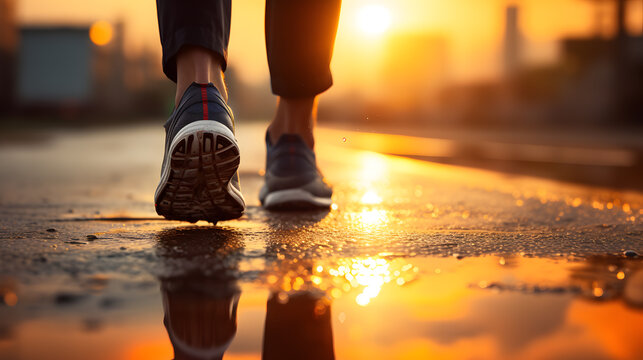 Close up of shoes of a young businessman, a young businessman wears sports shoes It means that he is ready to compete in business.