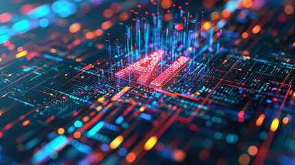 Fototapeta na wymiar AI on a Circuit Board: A Digital and Futuristic Concept with Blue and Orange Lights