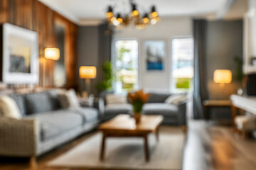 Blurred view of modern living room with sofa and soft bench
