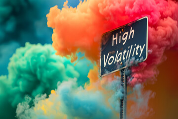 High volatility concept image with colorful volatile gas and board sign with written words High Volatility for finance and trading price variations - obrazy, fototapety, plakaty