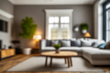 Blurred view of modern living room with sofa and soft bench
