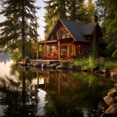 Beautiful lake fishing cabin images Generative AI