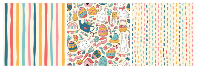 Easter seamless patterns set for wallpaper, nursery textile prints, tablecloth, wrapping paper, fabric, packaging, stationary, etc. EPS 10