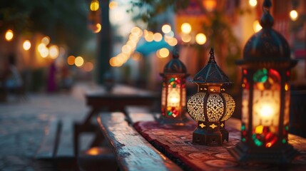 Ramadan Kareem - islamic muslim holiday greeting card with eid lantern or lamp - obrazy, fototapety, plakaty