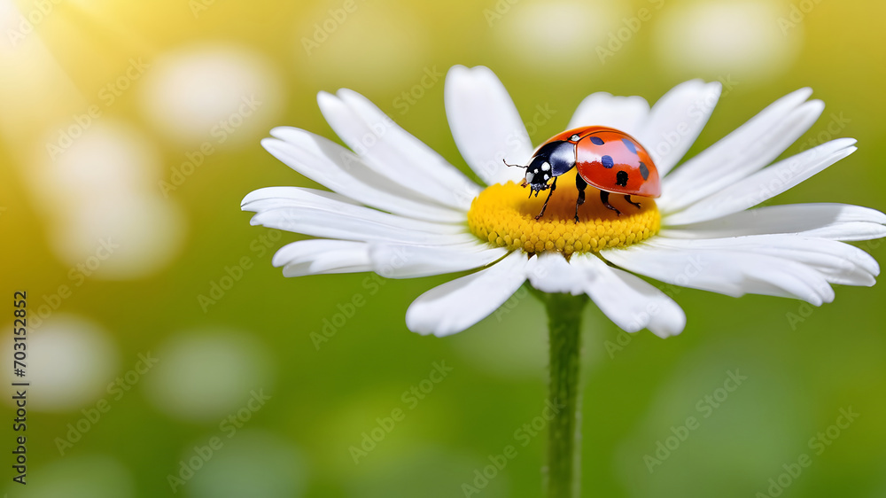 Poster ladybug on camomile flower. nature background with copy space.