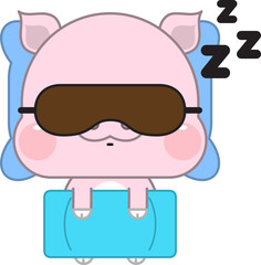 Calm cute cartoon pig with eye mask lying relaxing in soft bed sleeping or taking nap. Relaxed cute cartoon pig asleep in bedroom, see dreams at night. Relaxation and fatigue. 