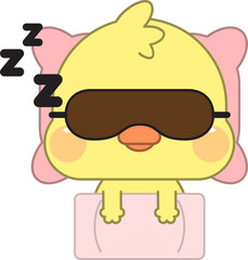 Calm cute cartoon duck with eye mask lying relaxing in soft bed sleeping or taking nap. Relaxed cute cartoon duck asleep in bedroom, see dreams at night. Relaxation and fatigue. 