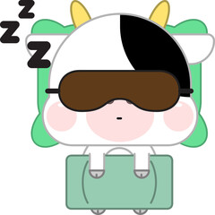 Calm cute cartoon cow with eye mask lying relaxing in soft bed sleeping or taking nap. Relaxed cute cartoon cow asleep in bedroom, see dreams at night. Relaxation and fatigue. 