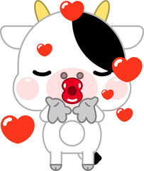 Cute cartoon cow closing its eyes and blowing a kiss from its hands