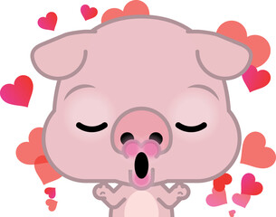Cute cartoon pig closing its eyes and blowing a kiss from its hands