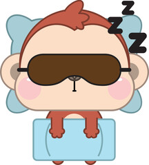 Calm cute cartoon monkey with eye mask lying relaxing in soft bed sleeping or taking nap. Relaxed cute cartoon monkey asleep in bedroom, see dreams at night. Relaxation and fatigue. 