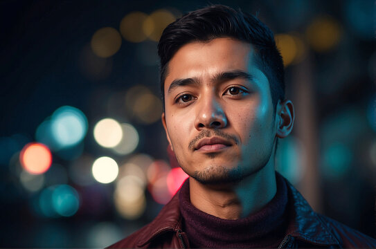 In this headshot image with copy space, an AsianIndian young man looks away in the city street at night. He is in a maroon, warm jacket