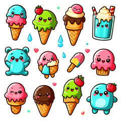 Funny ice cream sticker pack, cute cartoon characters for summer
