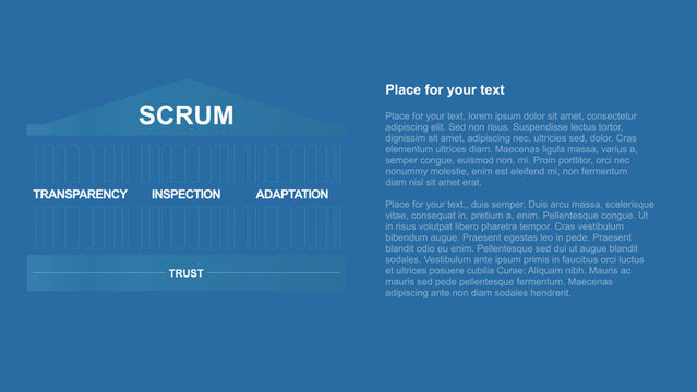 Three pillars of empiricism of SCRUM : transparency, inspection and adaptation. Editable text on right.	
