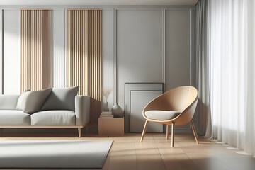 Fototapeta na wymiar Modern style wood chair in corner of minimal living room design with minimal decoration for domestic room with natural light from window into the room, Home interior design concept.