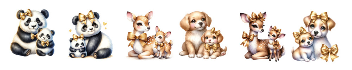 Obraz premium Mother's Day animal pair, mother and child, on white background.