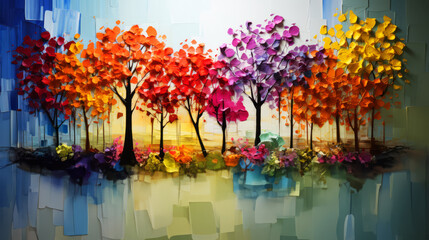 Oil color painting illustration of a tree with colorful leaves in a park.