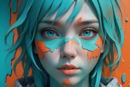 Vibrant Decay: 32K Cinematic Anime Portrait – Layers of Peeling Paint in Turquoise and Orange with Neon Accents, Detailed Eyes Illuminated