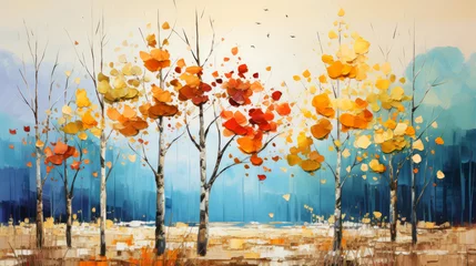 Poster Abstract painting of autumn landscape with trees and cityscape in the background. © Sudjai