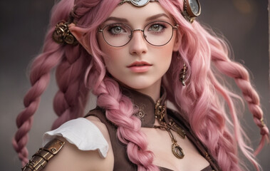 Beautiful Elf posing. with freckles and glasses and long pink hair braided, warrior. steampunk. Generated AI