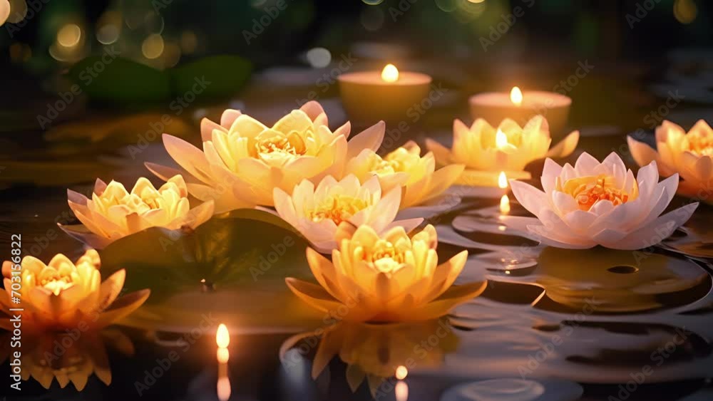 Poster closeup of candles p on lily pads, creating a mystical and ethereal atmosphere.