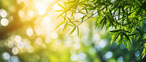 Bamboo leaves in the sun. Wide screen background with copy space - obrazy, fototapety, plakaty