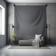 A sofa in front of a gray backdrop with a plant and two tripod floor lamps