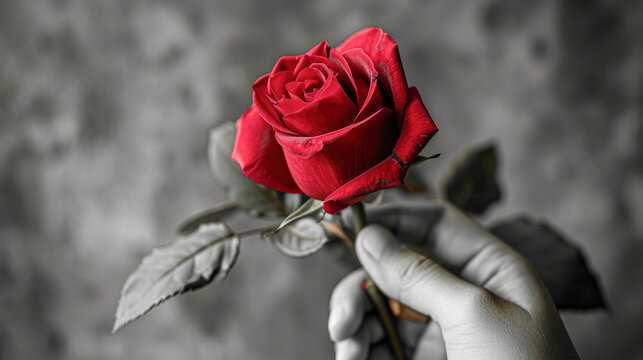 Male hands with red rose. Black and white image with the rose in red.