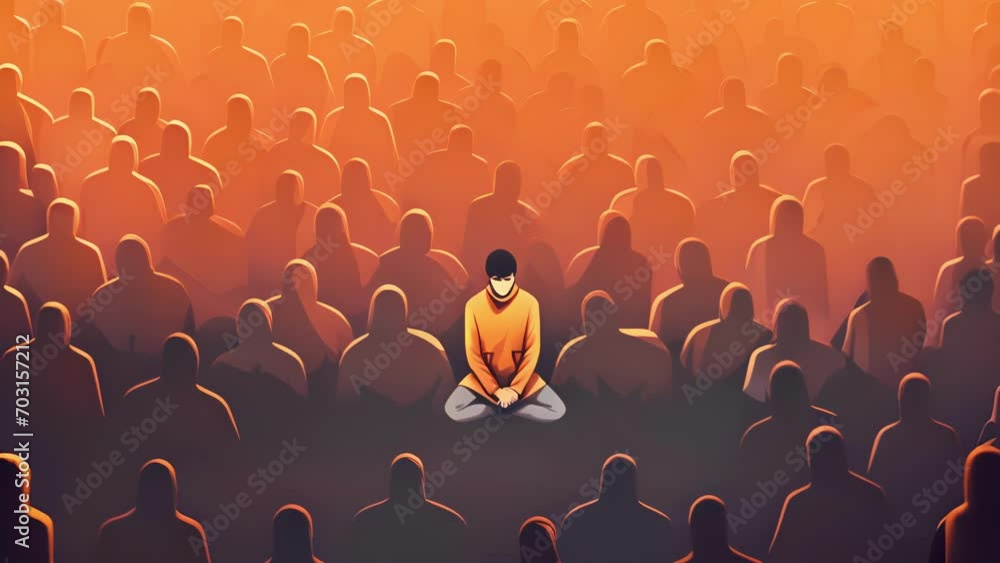 Poster a person sitting in a crowd seemingly lost in their own thoughts and oblivious to the conversations 